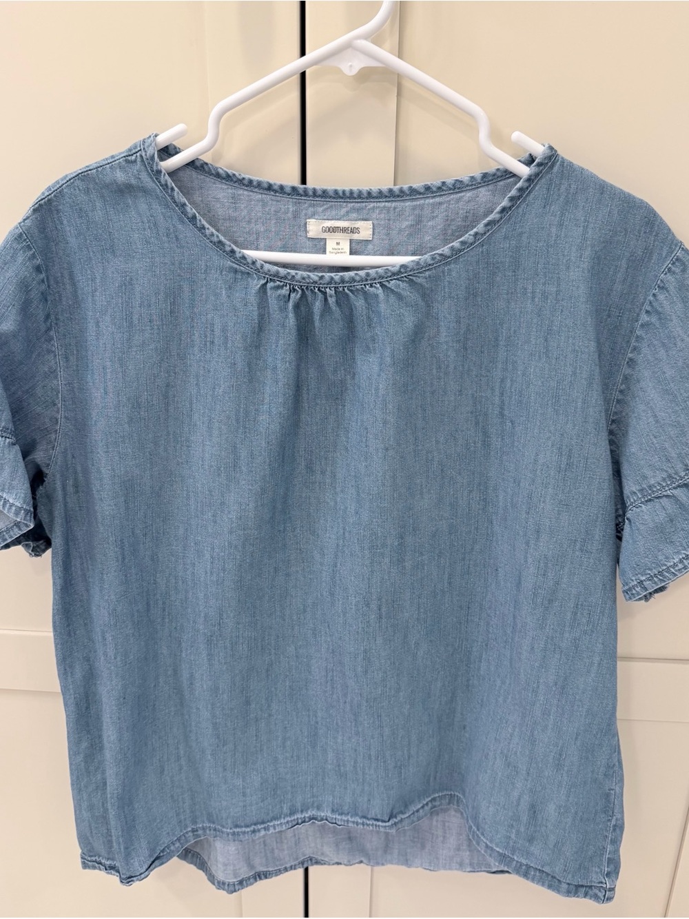 Goodthreads Chambray Gathered Neck Short Sleeve Top - Light Blue